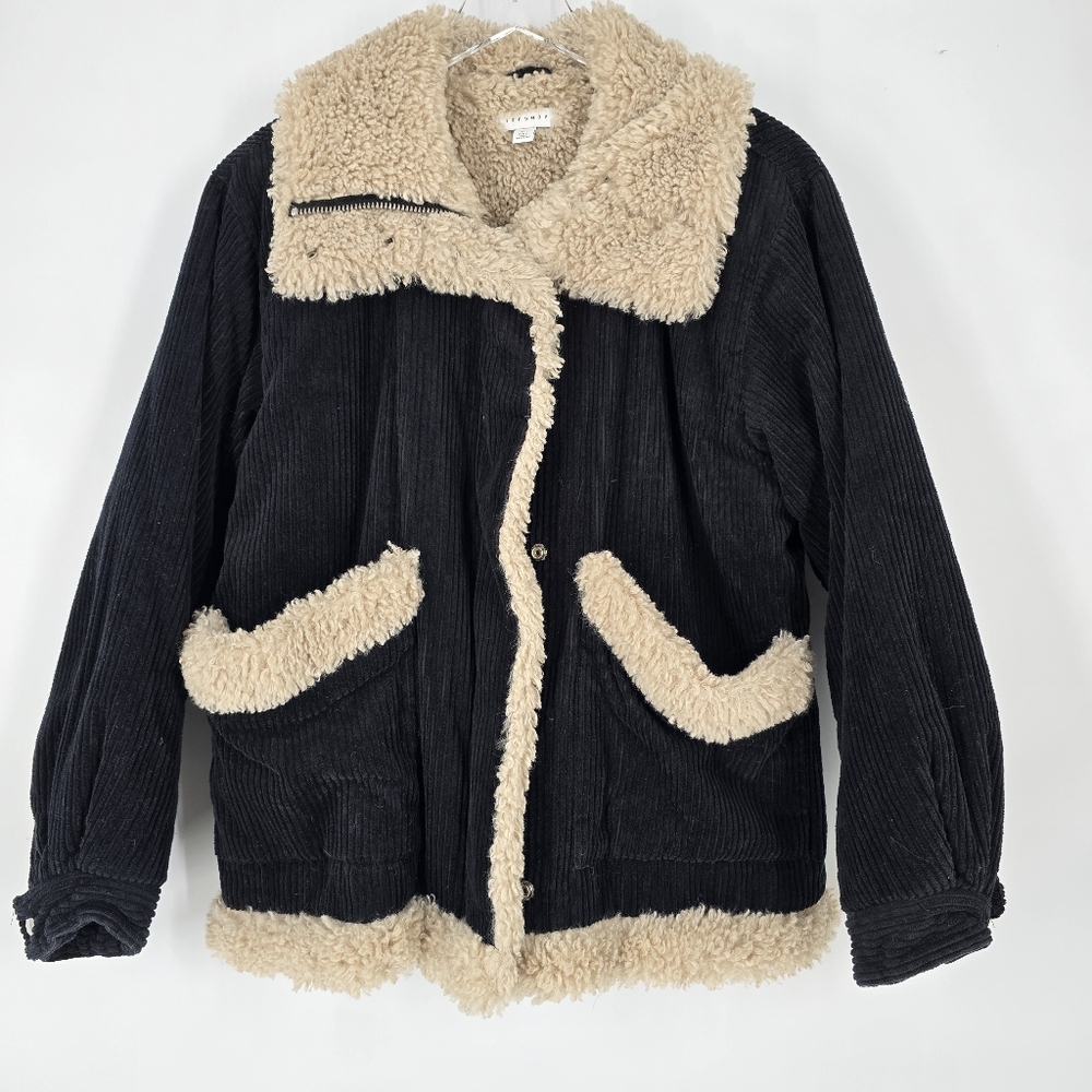Topshop Black Corduroy Sherpa Faux Fur Lined Snap Jacket Size 4